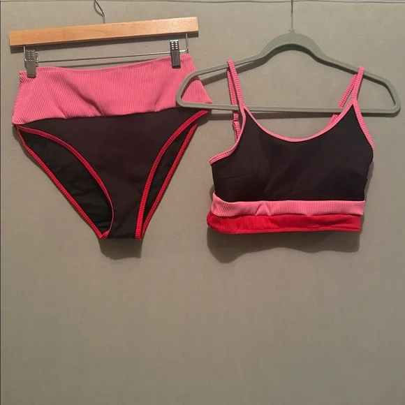 NWT Colorblock Pink and Black Neon Striped Bikini Size medium - Picture 2 of 6